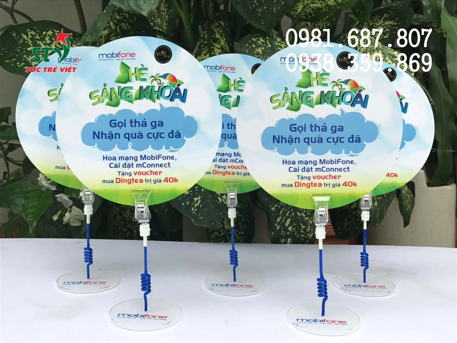 Wobbler để bàn Mobifone STV 23 in logo trên chân đế mica